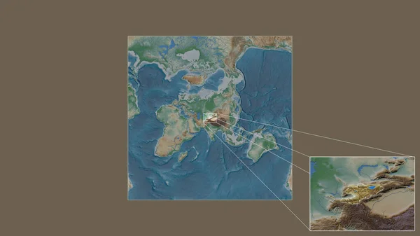 从世界大比例尺地图中提取出的吉尔吉斯斯坦扩大和扩大的地区 其主要线连接了框架的各个角落 彩色物理图 — 图库照片