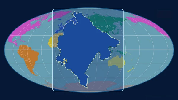 Přiblížený Pohled Černou Horu Nastiňuje Perspektivou Linie Proti Globální Mapě — Stock fotografie