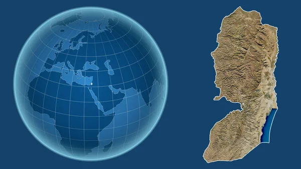 West Bank. Globe with the shape of the country against zoomed map with its outline isolated on the blue background. satellite imagery
