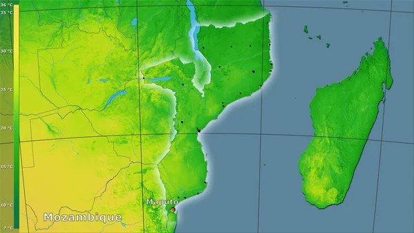 Gemiddelde Jaarlijkse Temperatuurvariatie Mozambique Stereografische Projectie Met Legende Hoofdcompositie — Stockfoto