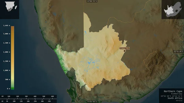 Northern Cape, province of South Africa. Colored shader data with lakes and rivers. Shape presented against its country area with informative overlays. 3D rendering