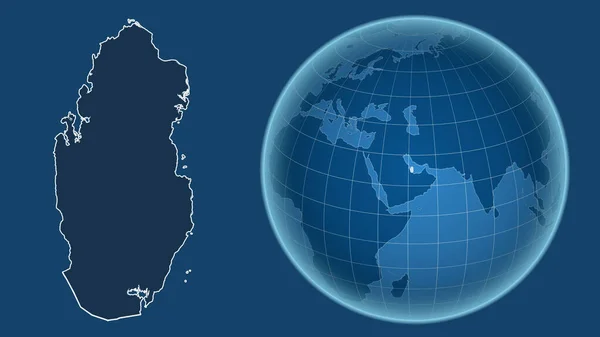 Katar Globus Kształcie Kraju Powiększonej Mapie Odizolowanym Zarysem Niebieskim Tle — Zdjęcie stockowe