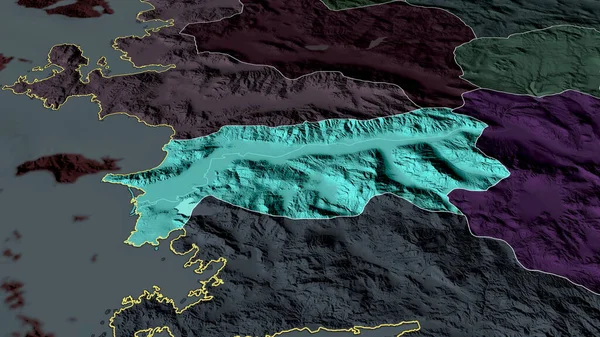 Aydin Prowincja Turcji Powiększyła Się Podkreśliła Kolorowa Wyboista Mapa Podziału — Zdjęcie stockowe