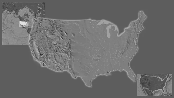 对美国及其在该地区的位置以及在一个大比例尺世界地图中心的近距离观察 Bilevel高地图 — 图库照片