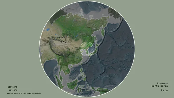 北朝鲜的一个地区 在该大陆的大比例尺地图上有一个圆圈 在绝望的背景下孤立起来 大写的地理推论和名称 卫星图像 — 图库照片