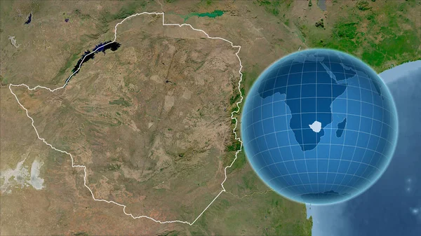 Зимбабве Глобус Формой Страны Против Увеличенной Карты Контуром Спутниковые Снимки — стоковое фото