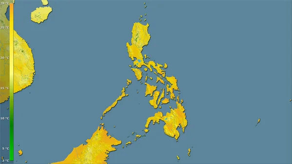 菲律宾地区内带有图例的立体投影中最暖四分之一的平均温度 光栅层的原始成分 — 图库照片