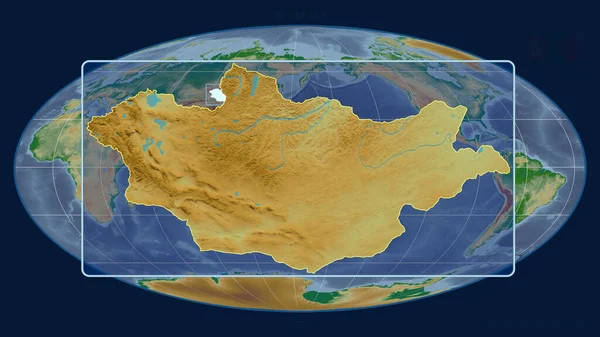 Przybliżone Spojrzenie Mongolię Zarysie Perspektywicznymi Liniami Wobec Globalnej Mapy Projekcji — Zdjęcie stockowe