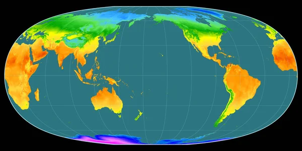 Mcbryde Thomas投影中的世界地图以西经170度为中心 平均年温度图 具有满意性能的栅格原料复合材料 3D插图 — 图库照片