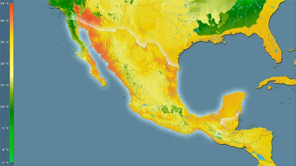 凡例付きの立体投影でメキシコエリア内で最も暖かい四半期の平均気温 光輝く輪郭を持つラスター層の生の組成 — ストック写真