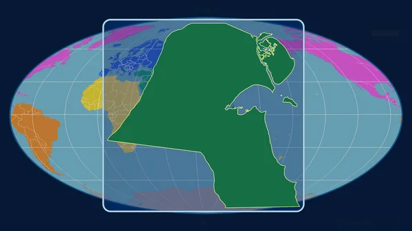 在Mollweide投影中 用透视线与全球地图对齐 将科威特的轮廓放大 形体中心 各大洲的彩色地图 — 图库照片