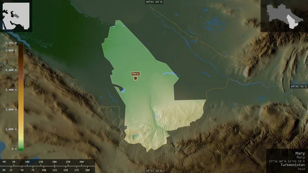 Mary Provincia Turkmenistán Datos Sombreado Colores Con Lagos Ríos Forma — Foto de Stock