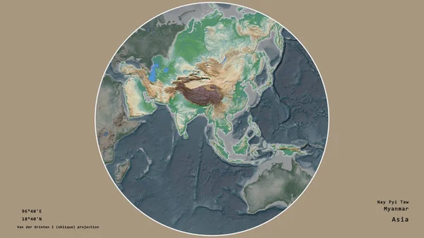 Área Myanmar Centró Círculo Que Rodea Continente Fondo Desaturado Georreferencias — Foto de Stock