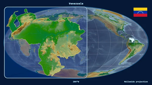 Увеличенный Вид Венесуэлы Перспективными Линиями Против Глобальной Карты Проекции Моллвейда — стоковое фото