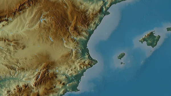 Comunidad Valenciana, autonomous community of Spain. Colored relief with lakes and rivers. Shape outlined against its country area. 3D rendering