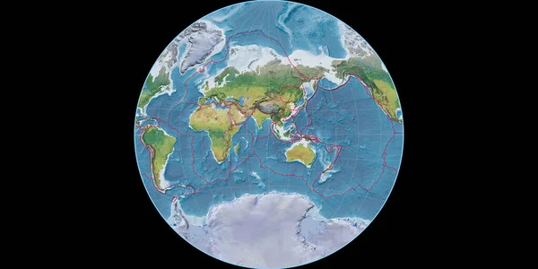 ヴァン グリンテンの投影図の世界地図は 東経90度を中心としている 主な写真地形の特徴 格子プレートと地殻プレートの境界とラスターの複合体 3Dイラスト — ストック写真