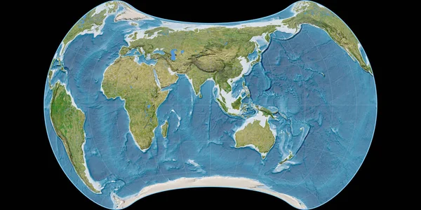 Карта Мира Проекции Strebe Equal Area Сосредоточена Восточной Долготе Спутниковые — стоковое фото
