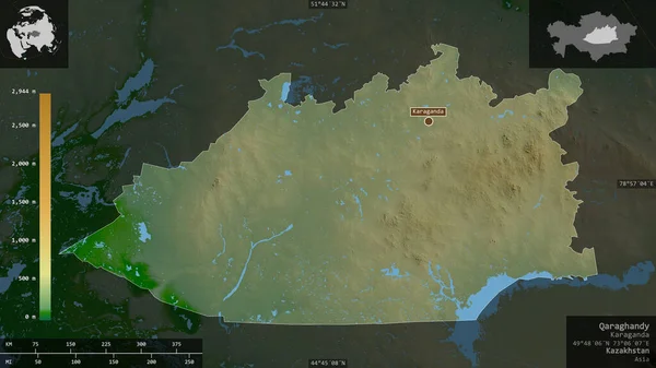 Qaraghandy 哈萨克斯坦地区 湖泊和河流的彩色阴影数据 以信息覆盖的形式呈现在其国家区域上 3D渲染 — 图库照片