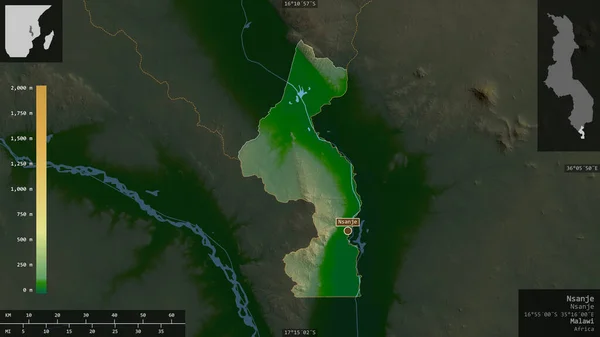 Nsanje Distrito Malawi Datos Sombreado Colores Con Lagos Ríos Forma — Foto de Stock