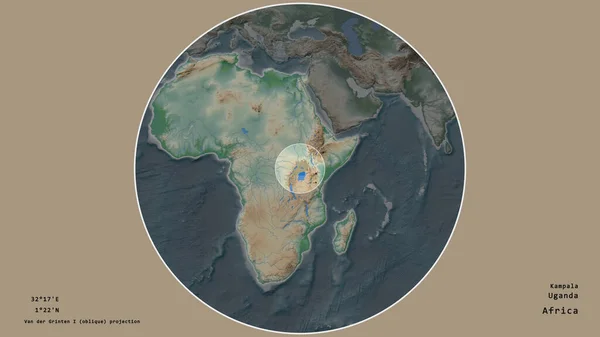 Obszar Ugandy Oznaczony Okręgiem Dużej Mapie Kontynentu Odizolowany Pustynnym Tle — Zdjęcie stockowe