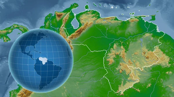 Venezuela. Globe with the shape of the country against zoomed map with its outline. color physical map