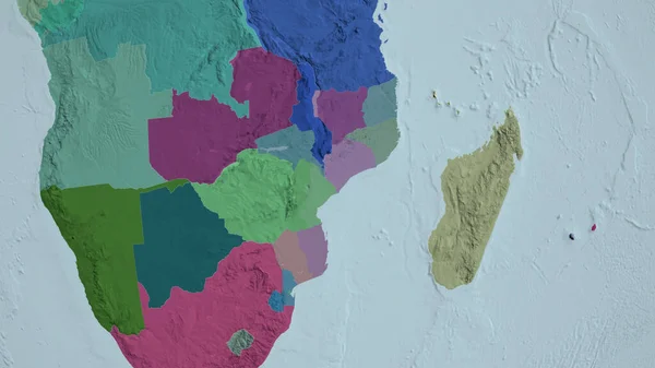 莫桑比克扩大了规模 成为邻国 绘制了行政区划的彩色和凸起的地图 3D渲染 — 图库照片