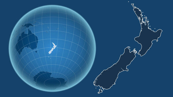 New Zealand. Globe with the shape of the country against zoomed map with its outline isolated on the blue background. shapes only - land/ocean mask