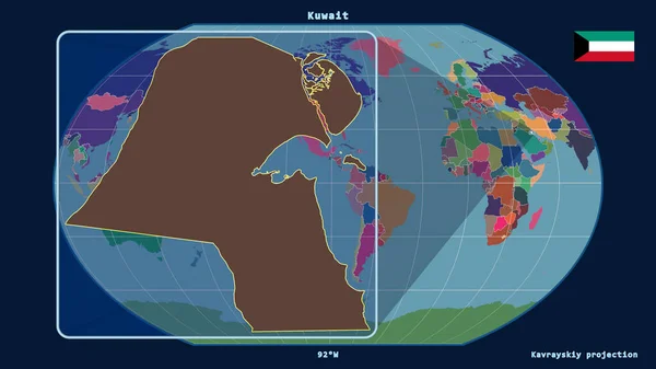 Увеличен Виду Контура Кувейта Перспективными Линиями Против Глобальной Карты Каврайской — стоковое фото