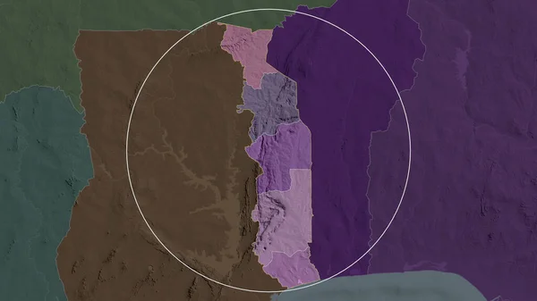 Togo zoomed and circled. Colored and bumped map of the administrative division. 3D rendering