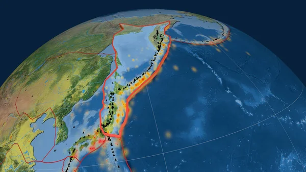 Placa Tectónica Okhotsk Extruida Globo Mapa Topográfico Renderizado —  Fotos de Stock