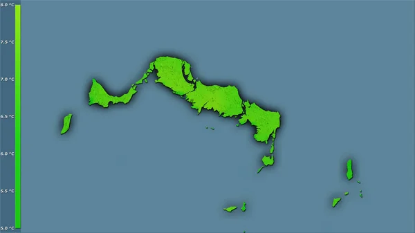 凡例付きの立体投影でトルコとカイコス諸島エリア内の平均気温の変動 暗い輝く輪郭を持つラスター層の生の組成 — ストック写真