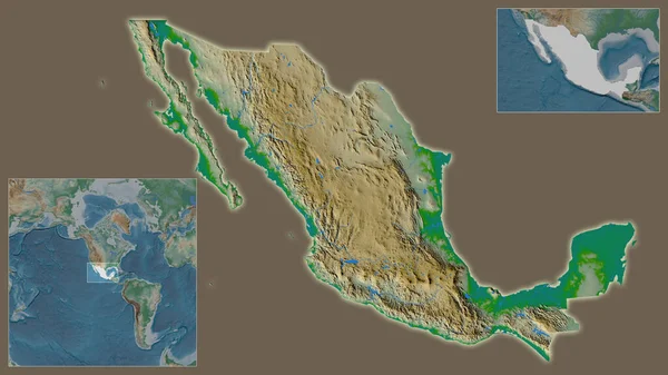 メキシコの閉鎖と地域と大規模な世界地図の中心部に位置しています 地図の色 — ストック写真