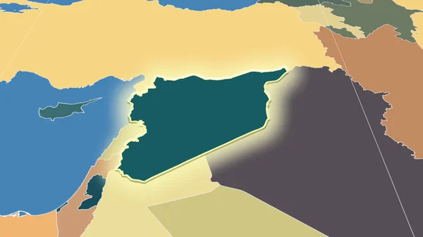シリアとその周辺 遠くの斜めの視点 形状が光った 行政区画のカラーマップ — ストック写真