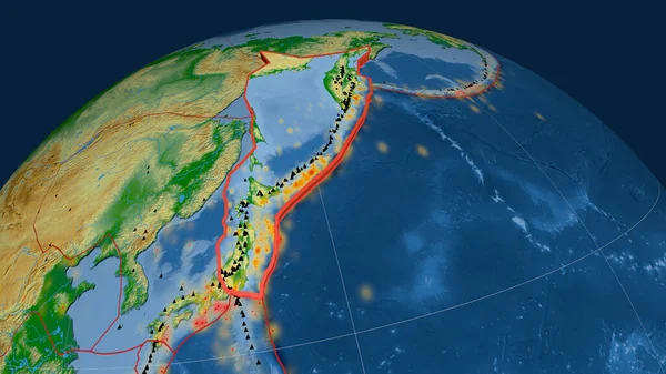 Okhotská Tektonická Deska Vytlačená Zeměkouli Fyzickou Mapu Barev Vykreslování — Stock fotografie