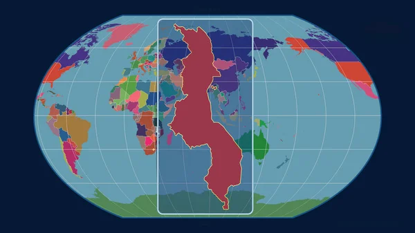 マラウイのアウトラインを視野に入れ 世界地図に対する視点線をカヴァライスキー投影で拡大した 形を中心に 行政区画のカラーマップ — ストック写真