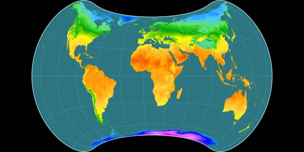流经等高线投影的世界地图以东经11度为中心 平均年温度图 具有满意性能的栅格原料复合材料 3D插图 — 图库照片