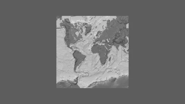 Square frame of the large-scale map of the world in an oblique Van der Grinten projection centered on the territory of Sierra Leone. Bilevel elevation map