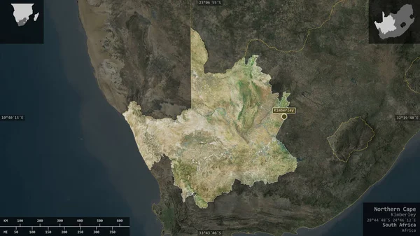 Northern Cape, province of South Africa. Satellite imagery. Shape presented against its country area with informative overlays. 3D rendering