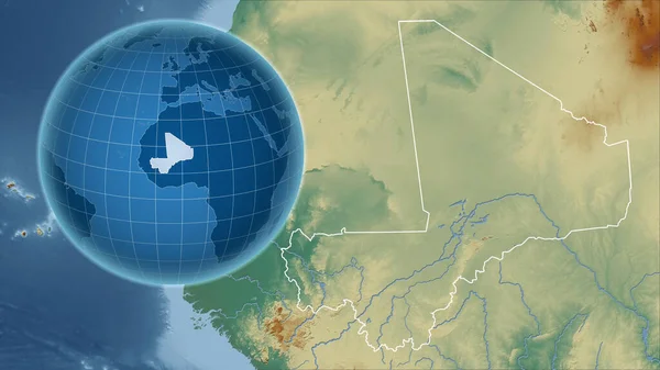 Mali Globus Kształcie Kraju Powiększoną Mapą Swoim Zarysem Mapa Pomocy — Zdjęcie stockowe