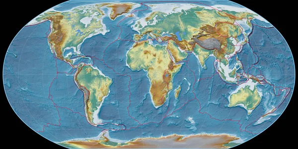 Robinson Projeksiyonundaki Dünya Haritası Doğu Boylamına Odaklı Topografik Kabartma Haritası — Stok fotoğraf