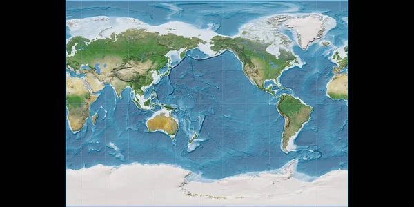 米勒圆柱投影中的世界地图以西经170度为中心 卫星图像A 具有满足感的光栅的原始复合材料 3D插图 — 图库照片