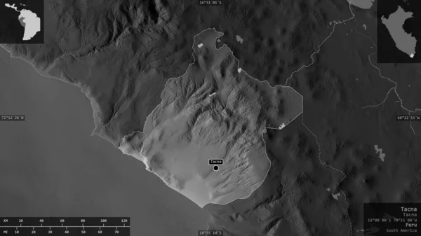 Tacna Region Peru Mapa Szarości Jeziorami Rzekami Kształt Przedstawiony Swoim — Zdjęcie stockowe