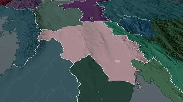 Bago - division of Myanmar zoomed and highlighted. Colored and bumped map of the administrative division. 3D rendering