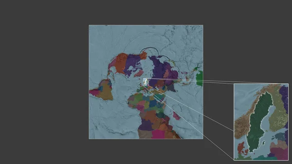 从世界大比例尺地图中提取出的扩大和扩大的瑞典区域 其主要线连接了框架的各个角落 行政区划的彩色地图 — 图库照片