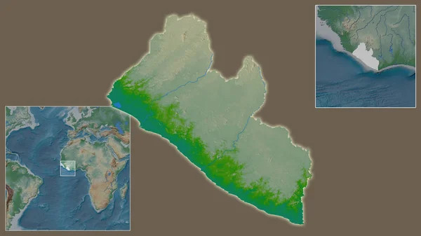 利比里亚的近景及其在该区域的位置 以及在大比例尺世界地图中心的位置 彩色物理图 — 图库照片