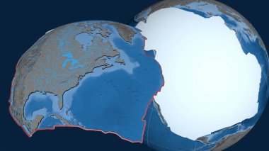 Kuzey Amerika 'nın tektonik plakası yayıldı ve dünyaya karşı sunuldu. topoğrafya ve batimetri renkli yükseklik haritası. 3B görüntüleme