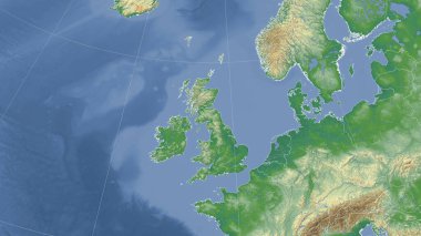 Birleşik Krallık ve komşuları. Uzak eğimli perspektif - özet yok. renk fiziksel haritası