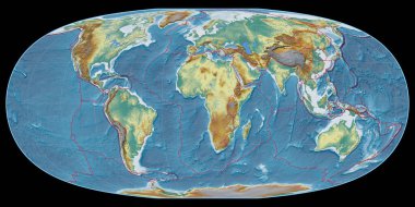 McBryde-Thomas projeksiyonundaki dünya haritası 11 Doğu boylamı üzerine kuruludur. Topografik kabartma haritası - gratikül ve tektonik plakalar kenarlı raster bileşimi. 3B illüstrasyon