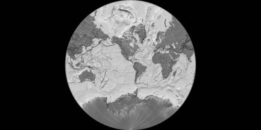 Lambert-Lagrange projeksiyonundaki dünya haritası 90 Batı boylamına odaklı. Çift katmanlı topoğrafik harita. Raster 'ın ham kompozitosu. 3B illüstrasyon