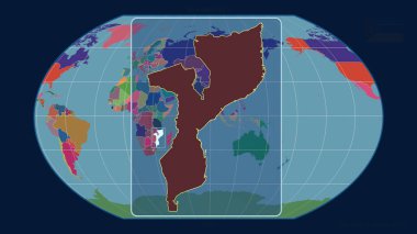 Kavrayskiy projeksiyonundaki küresel bir haritaya karşı perspektif çizgileriyle Mozambik 'in görüntüsünü yakınlaştırdım. Şekil merkezli. idari bölümlerin renk haritası